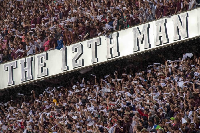 A view of the 12th Man logo and Texas A&M Aggies fans and students during the game against the Clemson Tigers at Kyle Field.